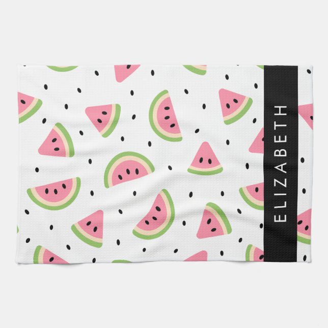 Pink Watermelons, Watermelon Seeds, Your Name Tea Towel (Horizontal)