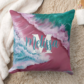 Pink wave beach Monogram Cushion