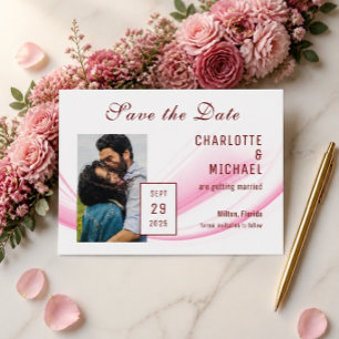 Pink Wave & Floral Save the Date Flat Card
