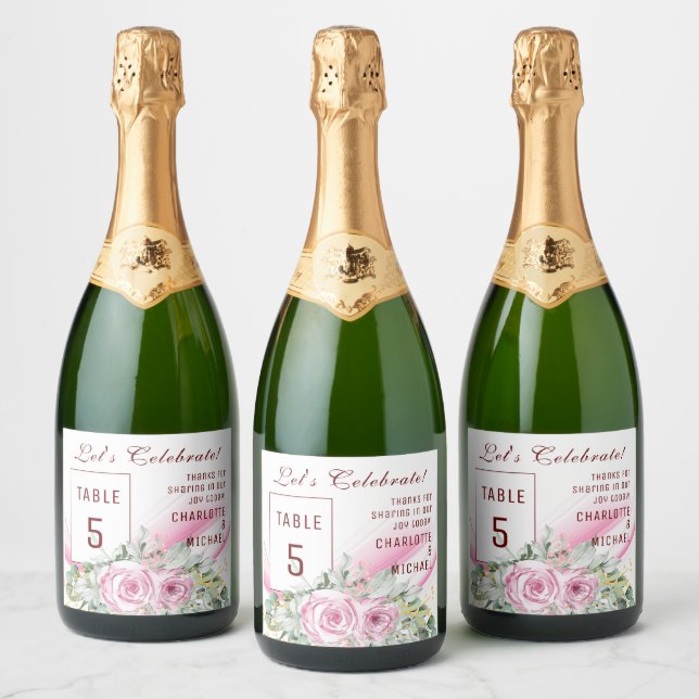 Pink Wave & Floral Table Number Sparkling Wine Lab Sparkling Wine Label (Bottles)