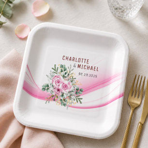 Pink Wave & Floral Wedding 9" Paper Plates