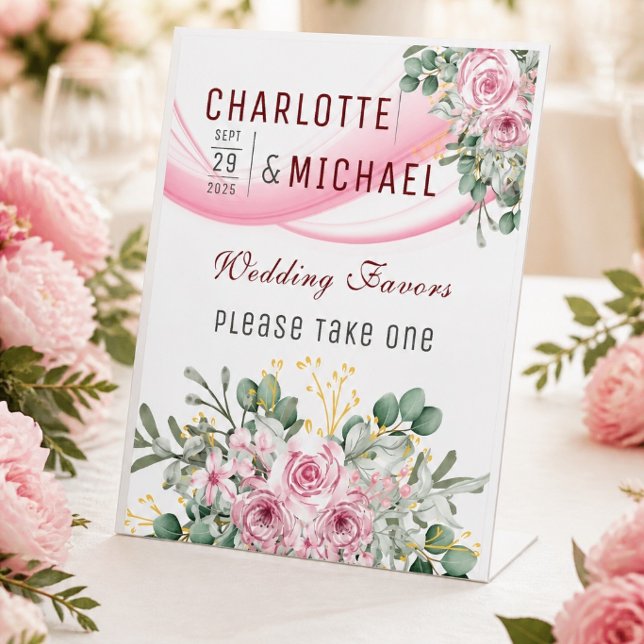 Pink Wave & Floral Wedding Favour Table Sign (Creator Uploaded)