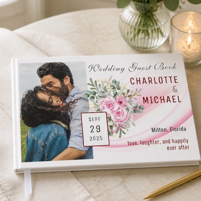 Pink Wave & Floral Wedding Guest Book (Creator Uploaded)