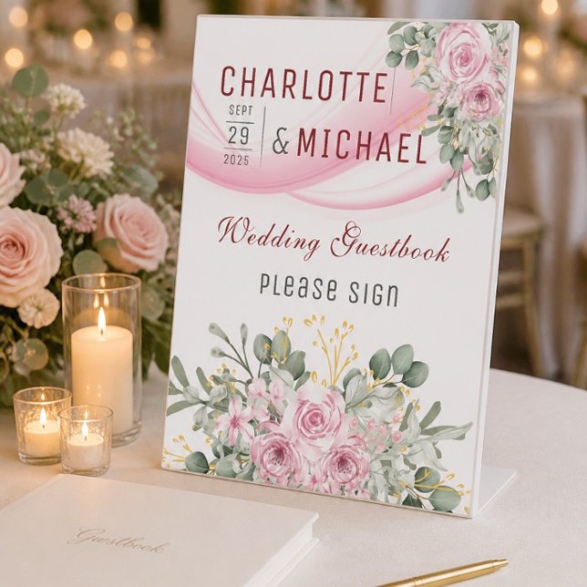 Pink Wave & Floral Wedding Guestbook Table Sign (Creator Uploaded)