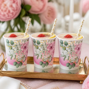 Pink Wave & Floral Wedding Paper Cups