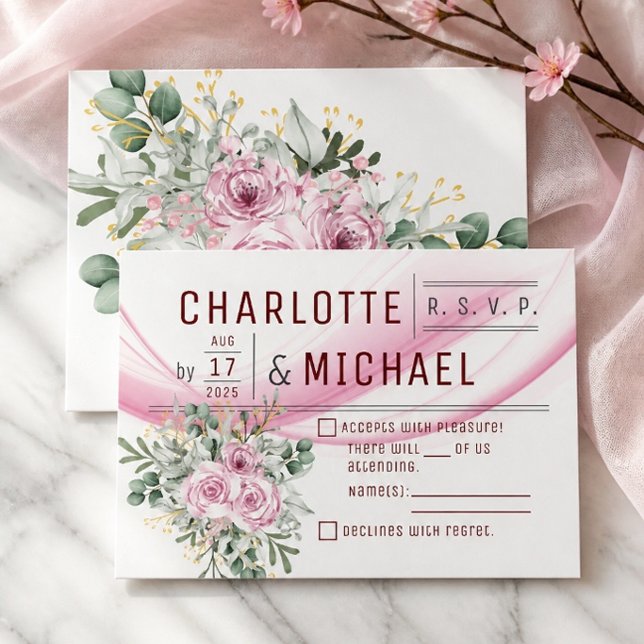 Pink Wave & Floral Wedding RSVP Card (Creator Uploaded)