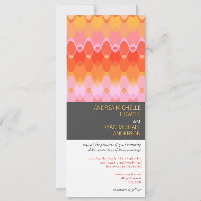 Pink Waves Geometric Mod Pattern Modern Wedding Invitation (Front)