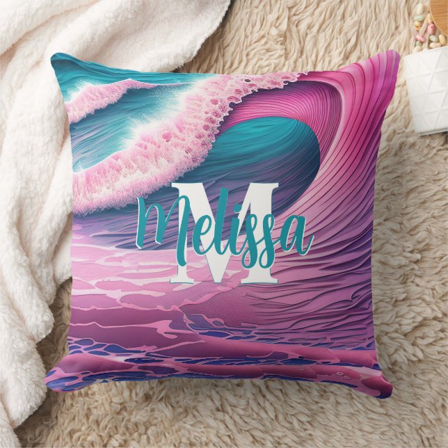 Pink Waves on the Beach Monogram Cushion (Blanket)