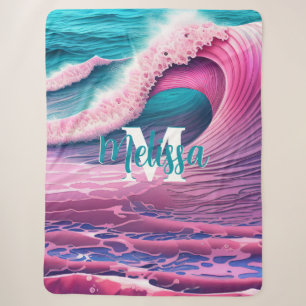 Pink Waves on the Beach Monogram Sherpa Blanket