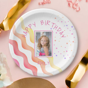 Pink Waves Stars Girl Birthday Party Photo Paper Plate