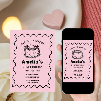 Pink Wavy Birthday hand drawn cake Invitation