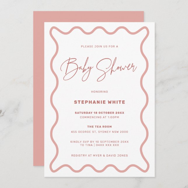 Pink Wavy Border Baby Shower Party Invitation (Front/Back)