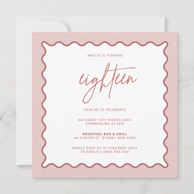 Pink Wavy Border Eighteen Birthday Invitation (Front)
