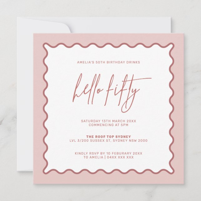 Pink Wavy Border Hello Fifty Birthday Invitation (Front)