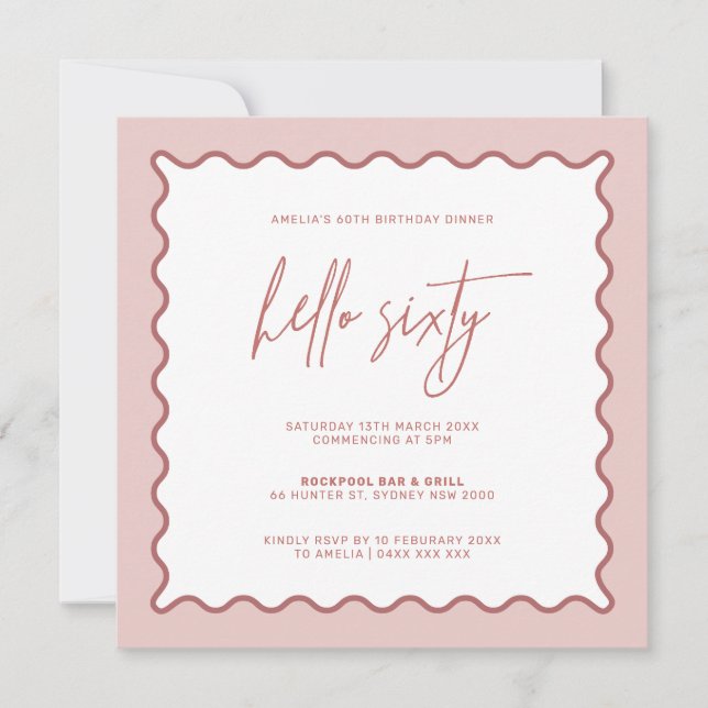 Pink Wavy Border Hello Sixty Birthday Invitation (Front)