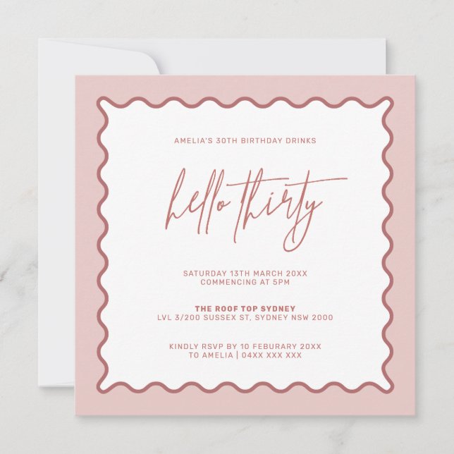 Pink Wavy Border Hello Thirty Birthday Invitation (Front)