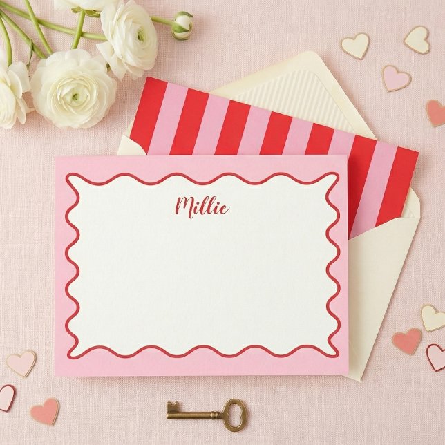 Pink Wavy Border Personalised Note Card (Creator Uploaded)