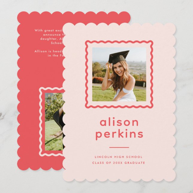 Pink Wavy Frame Graduation Photo Announcement (Front/Back)