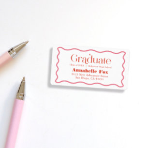 Pink Wavy Frame Trendy Graduation Address Label