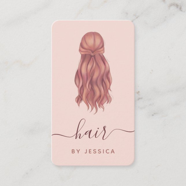 Pink Wavy Hair Hairstylist Add Logo & Social Media Business Card (Front)