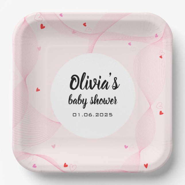 Pink wavy lines with cute red hearts Paper Plate (Front)