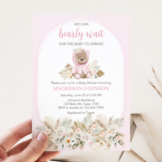 Pink We Can Bearly Wait Baby Shower  Invitation (Girl We Can Bearly Wait Baby Shower Invitation)