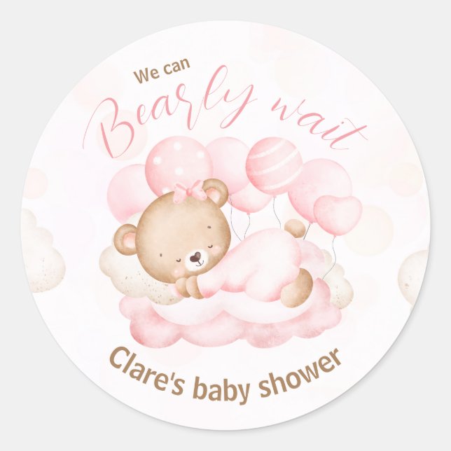 Pink We Can Bearly Wait Baby Shower Stickers (Front)
