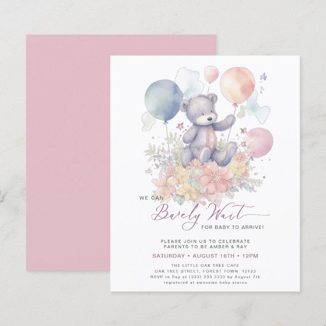 Pink We Can Bearly Wait Cute Girl Baby Shower (Front/Back)