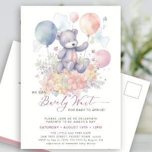 Pink We Can Bearly Wait Cute Girl Baby Shower Invitation Postcard