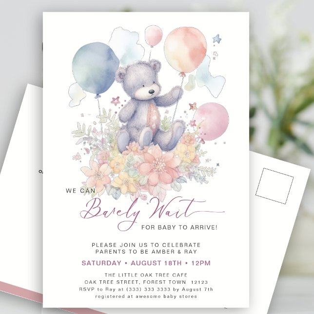 Pink We Can Bearly Wait Cute Girl Baby Shower Invitation Postcard (Creator Uploaded)