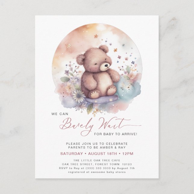 Pink We Can Bearly Wait Cute Girl Baby Shower Invitation Postcard (Front)