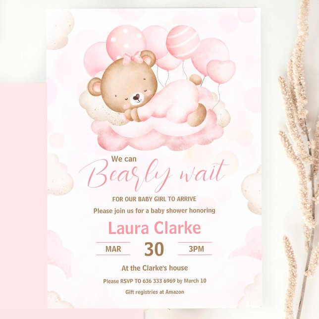 Pink We Can Bearly Wait Girl Bear Baby Shower Invitation (Pink We Can Bearly Wait Girl Bear Baby Shower Invitation)