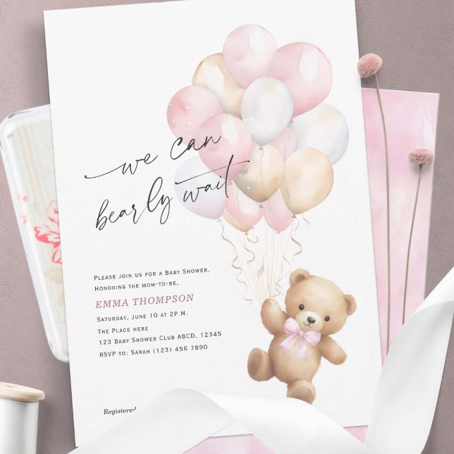 Pink We Can Bearly Wait Simple Baby Girl Shower Invitation (Pink We Can Bearly Wait, Cute Teddy Bear Baby Girl Shower Invitation.)