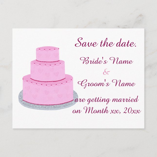 Pink Wedding Cake Hearts Save the Date Postcards (Front)