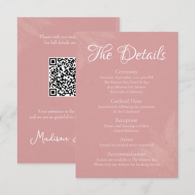 Pink Wedding Details Card with QR Code (Front/Back)