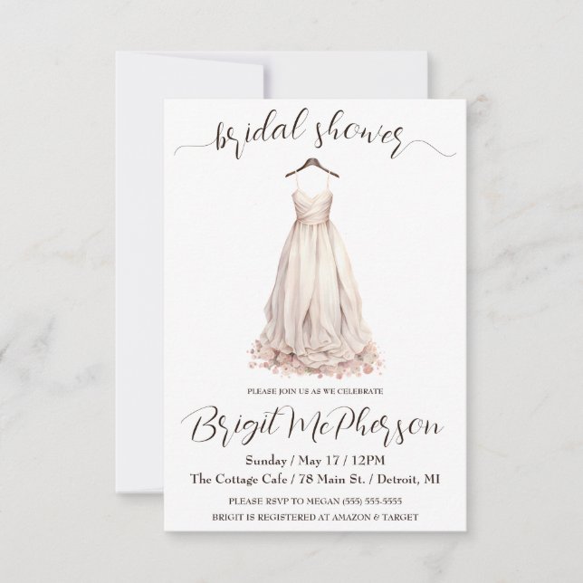 Pink Wedding Dress, Bridal Gown, Bridal Shower Invitation (Front)