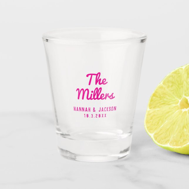Pink Wedding Favor Last Name Personalized Shot Glass (Front)