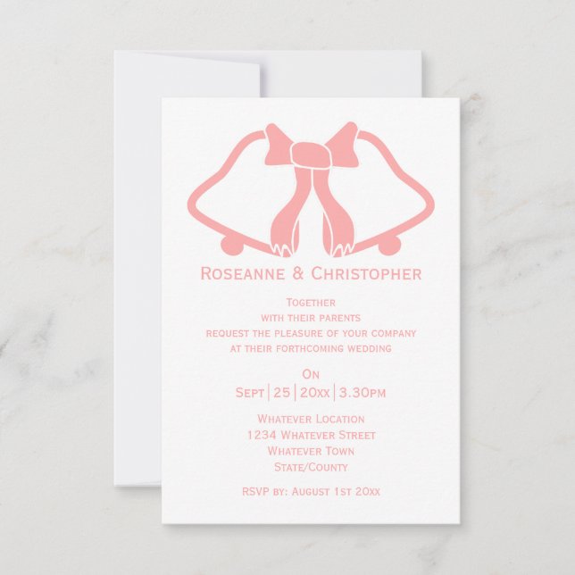 Pink Wedding Invitation Bells And Ribbon (Front)