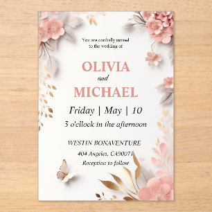 Pink wedding invitation template pink flowers