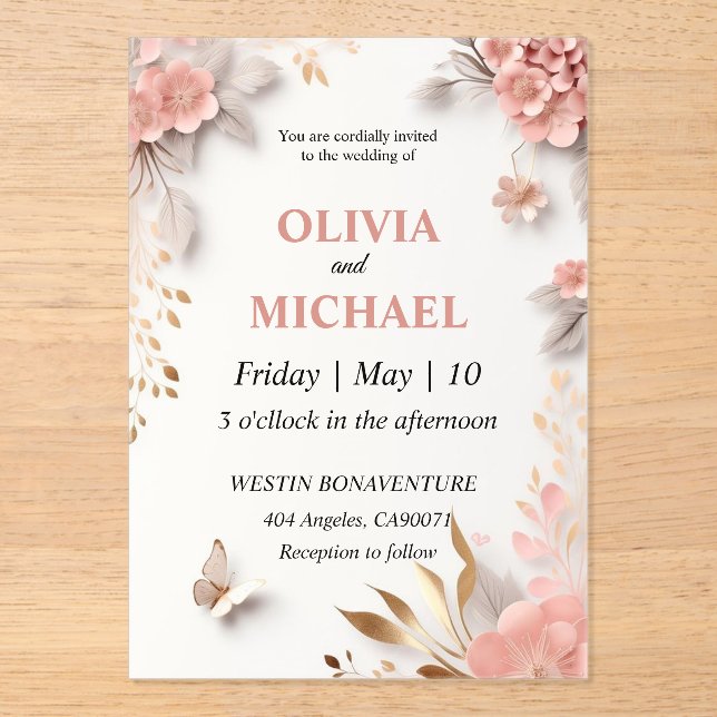 Pink wedding invitation template pink flowers  (Front)
