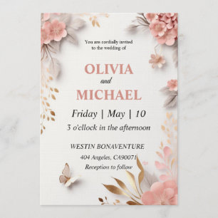 Pink wedding invitation template pink flowers