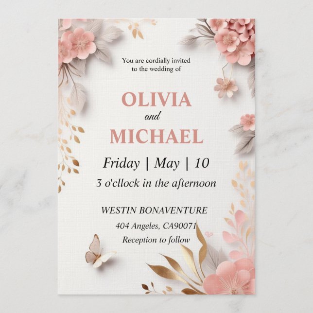 Pink wedding invitation template pink flowers  (Front)