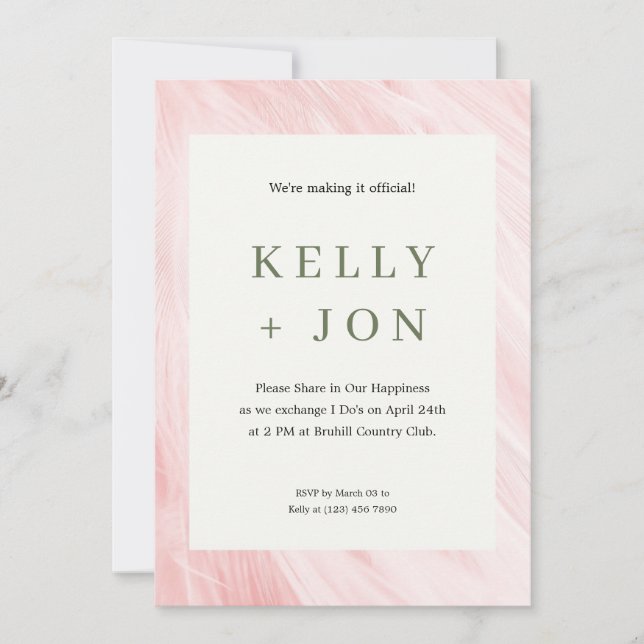 Pink Wedding Invitation with Feather Border (Front)