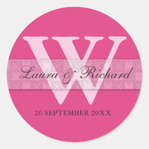 Pink Wedding Monogram Bride And Groom Classic Round Sticker