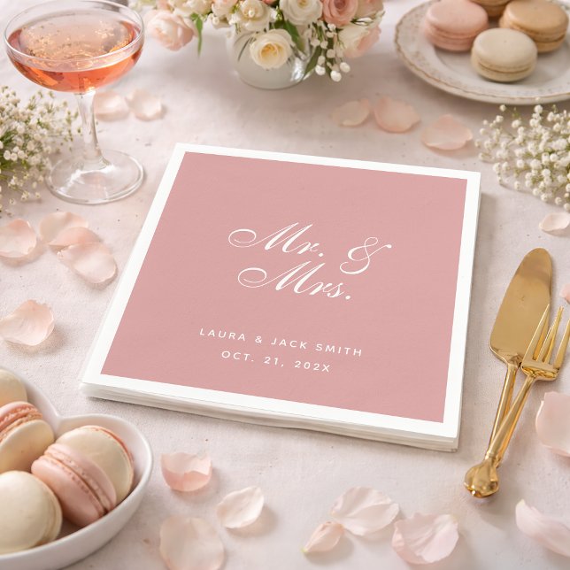  Pink Wedding Mr. and Mrs. Dusty Rose White Script Napkin (Creator Uploaded)