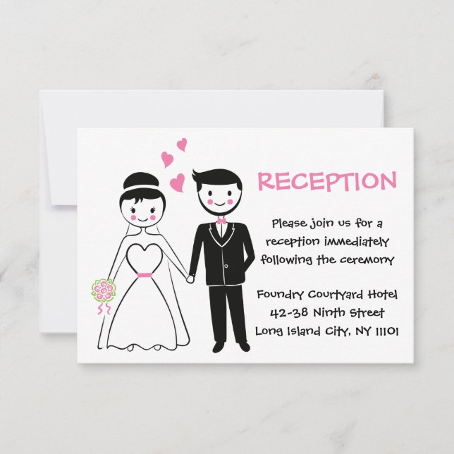 Pink Wedding Reception - Cartoon Bride And Groom Invitation (Front)