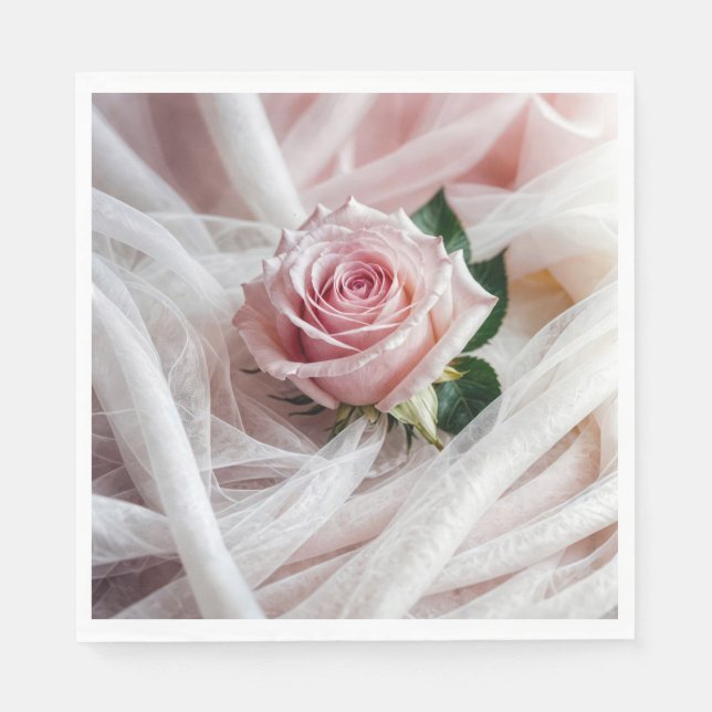 Pink Wedding Rose On Tulle Napkin (Front)