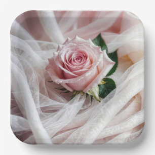 Pink Wedding Rose On Tulle Paper Plate