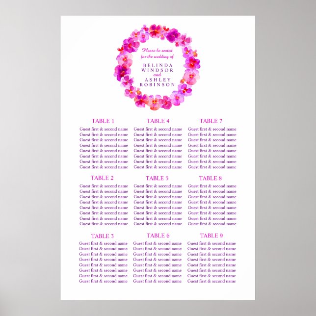 Pink Wedding Seating Table Planner 9 tables Poster (Front)