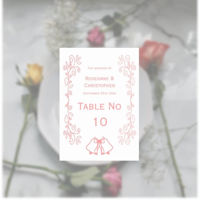 Pink Wedding Table Number Card Bells Scrollwork  (Pink wedding table number card bells and scrollwork design)
